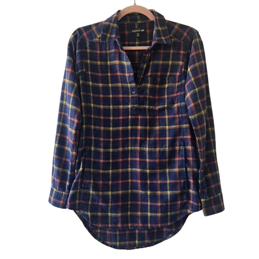 Toad & Co Cairn Popover Recycled Plaid Flannel Buttoned Kangaroo Pocket Blue Xs